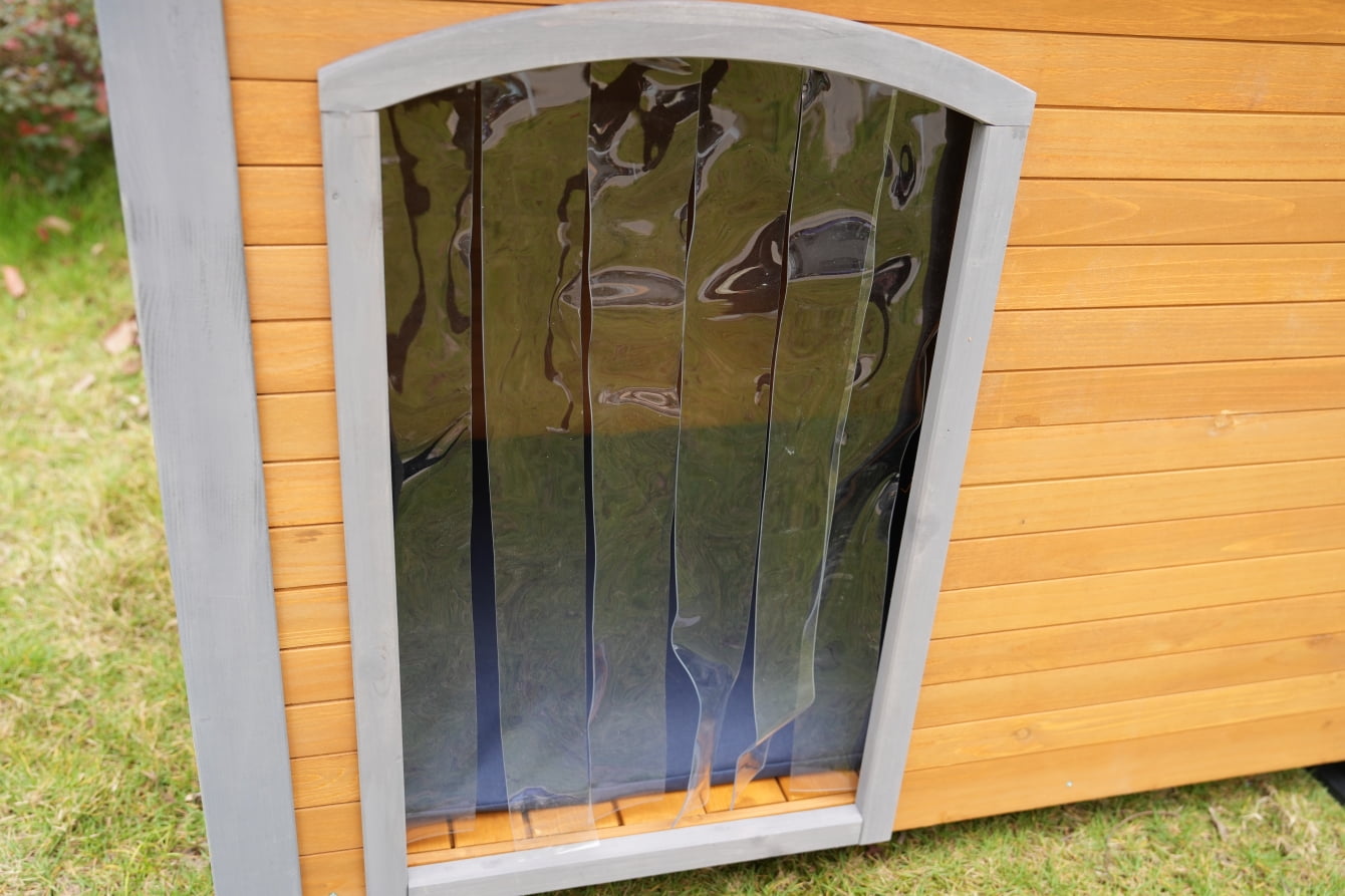 45" Wooden Dog House, Outdoor and Indoor Winter Kennel with Elevated Feet and Plastic Curtain, Weatherproof Solid Wood Doghouse for Small Large Dog