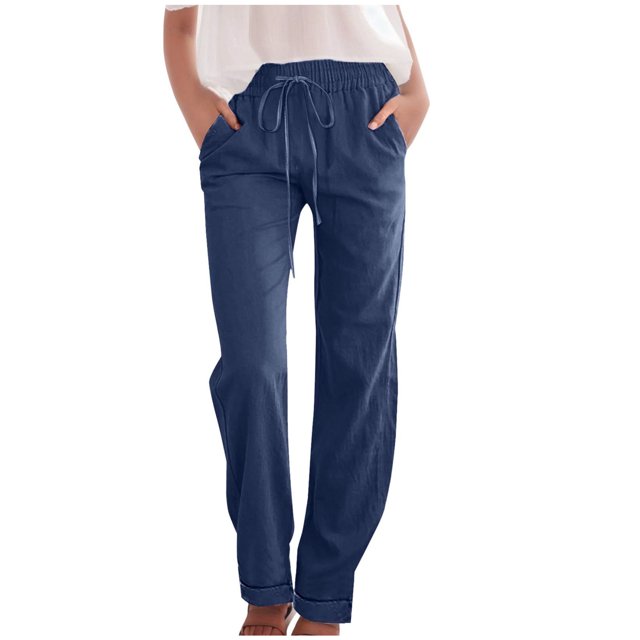 Ladies Casual Pants High Waisted Drawstring Elastic Straight Leg Long Pants With Pockets Women’S Pants Navy L