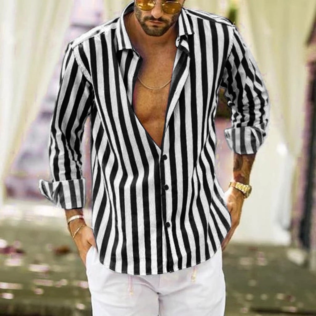 Men Long-Sleeve Vertical Stripes Button Down Shirt Snap-Front 
