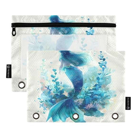 2 Pack 3 Ring Binder Pouch with Clear PVC Window Water Resistant Zipper Pencil Pouch Watercolor Teal Mermaid Binder Pocket for Classroom Office Home Stationery Organization
