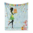 thumbnail image 1 of Birthday Soft Flannel Fleece Throw Blanket, Young Mother Carrying a Delicious Cake Presents Dots and Flags in Cartoon Style, Cozy Plush for Indoor and Outdoor Use, 60" x 80", Multicolor, by Ambesonne, 1 of 6