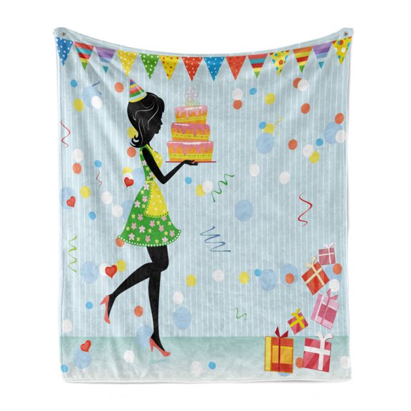 Birthday Soft Flannel Fleece Throw Blanket, Young Mother Carrying a Delicious Cake Presents Dots and Flags in Cartoon Style, Cozy Plush for Indoor and Outdoor Use, 50" x 60", Multicolor, by Ambesonne