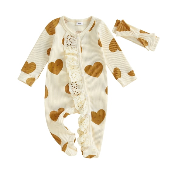 Okbabeha Okbabeha Newborn Baby Girl Valentine's Day Long Sleeve Footed Romper Solid Jumpsuit with Headband