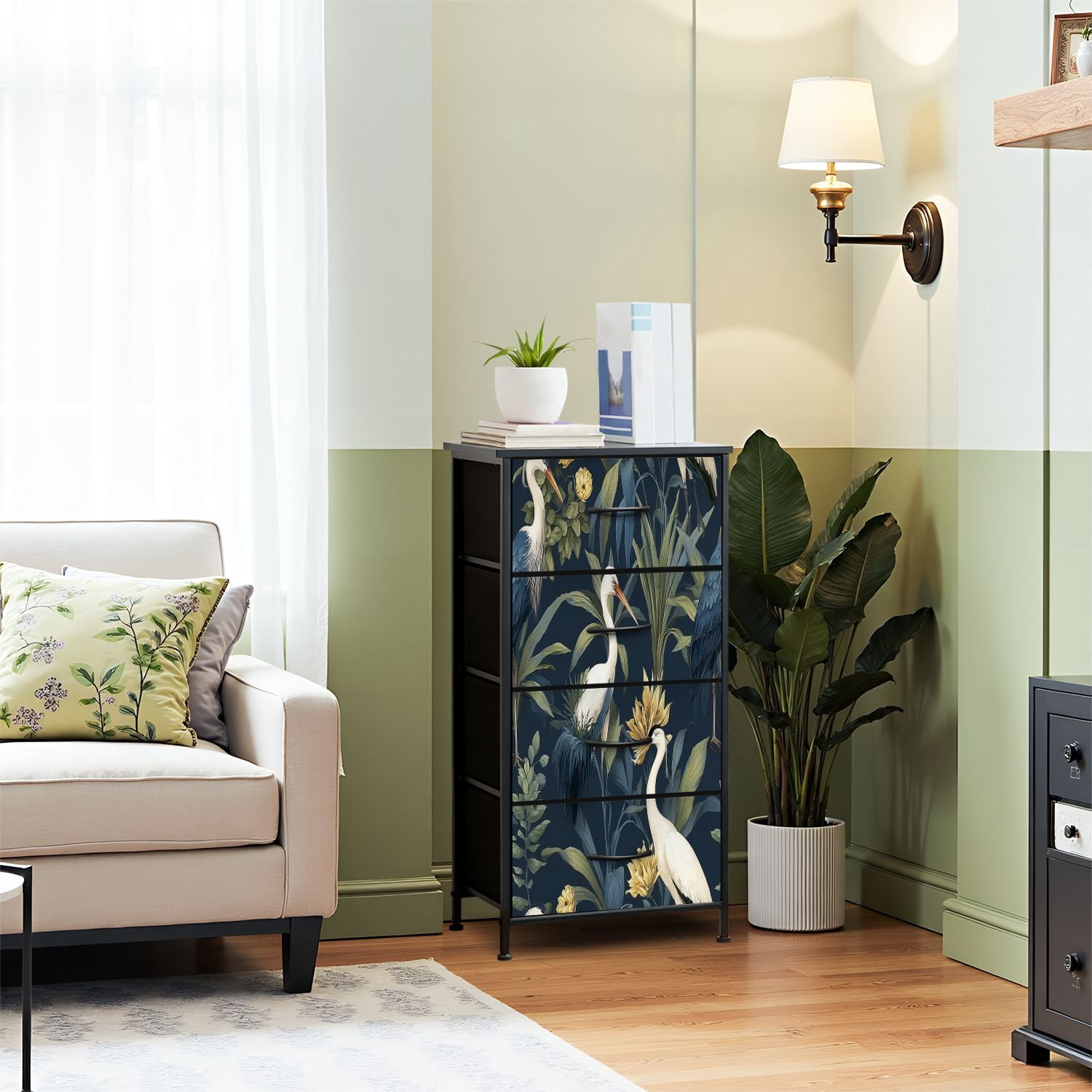 Vintage Dresser for Bedroom with 4 Storage Drawers Elegant Cranes Among Tropical Leaves Yellow Flowers Dark Dressers Chest of Drawers Steel Framed Fabric Closet Organizers for Nursery Entryway