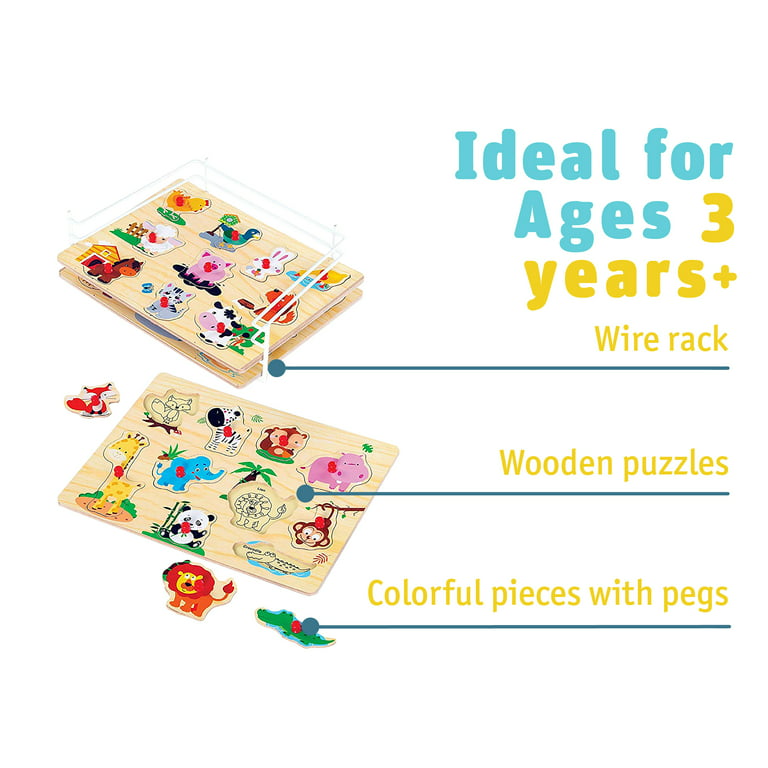 Etna Wood Peg Puzzle Set with 6 Puzzles and Wire Storage Rack