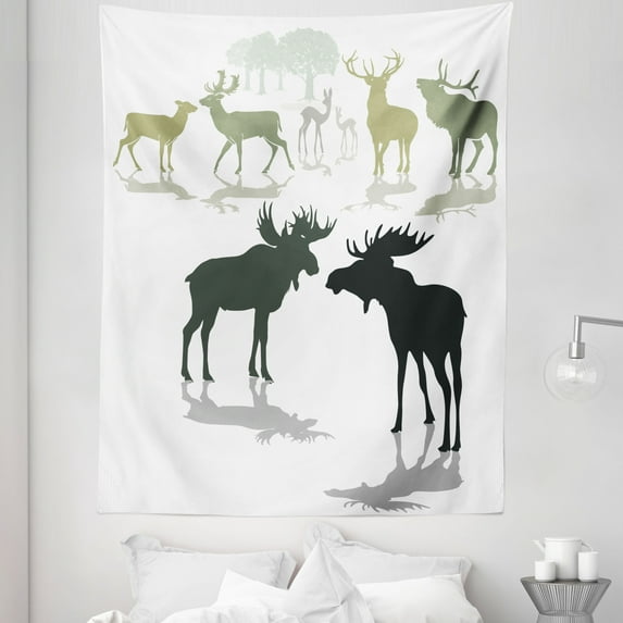 Antlers Tapestry, Elk Deer and Fawn Silhouette Forest at the Background World Natural Habitat Theme, Fabric Wall Hanging Decor for Bedroom Living Room Dorm, 5 Sizes, Green Black, by Ambesonne
