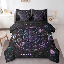 jejeloiu Constellation 7 Pieces Bedding Comforter Set,Boho Bohemian Theme Full Bedding Set,Purple Black Fitted Sheet Flat Sheet For Boys Kids,Luxury Bedroom Decor Reversible