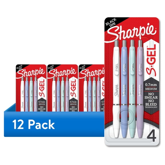 (12 pack) Sharpie S-Gel Pens, Medium Point (0.7mm), Black Ink, Assorted Fashion Barrel Colors, 4 Count