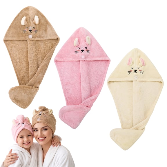 Abaima 3-Pack Microfiber Hair Towel Wrap with Cute Cat Pattern, Quick-Dry & Anti-Frizz Turban for Women