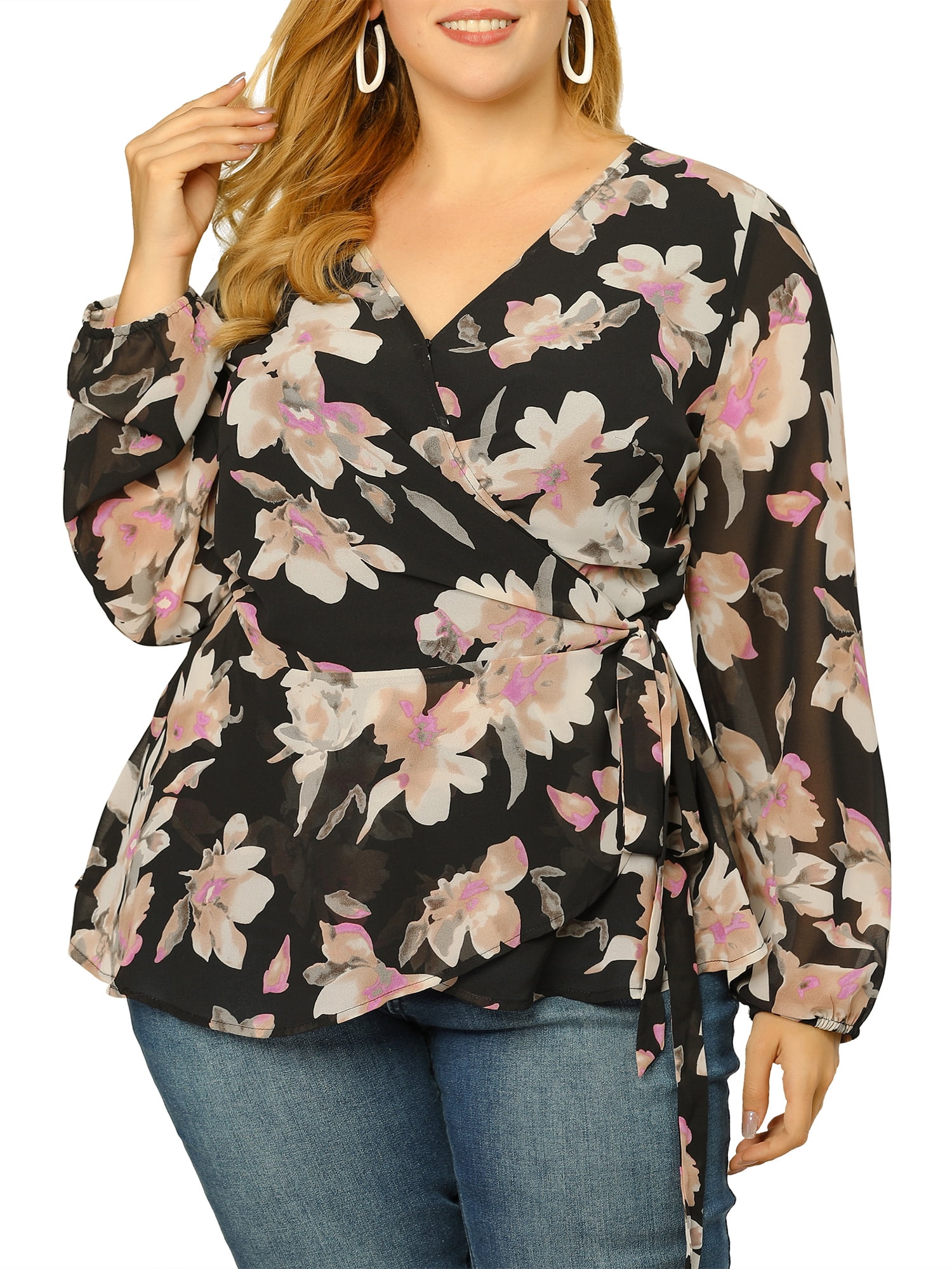 Women's Plus Size Chiffon Blouse Ruffle Hem Floral Wrap Tops - Walmart.com