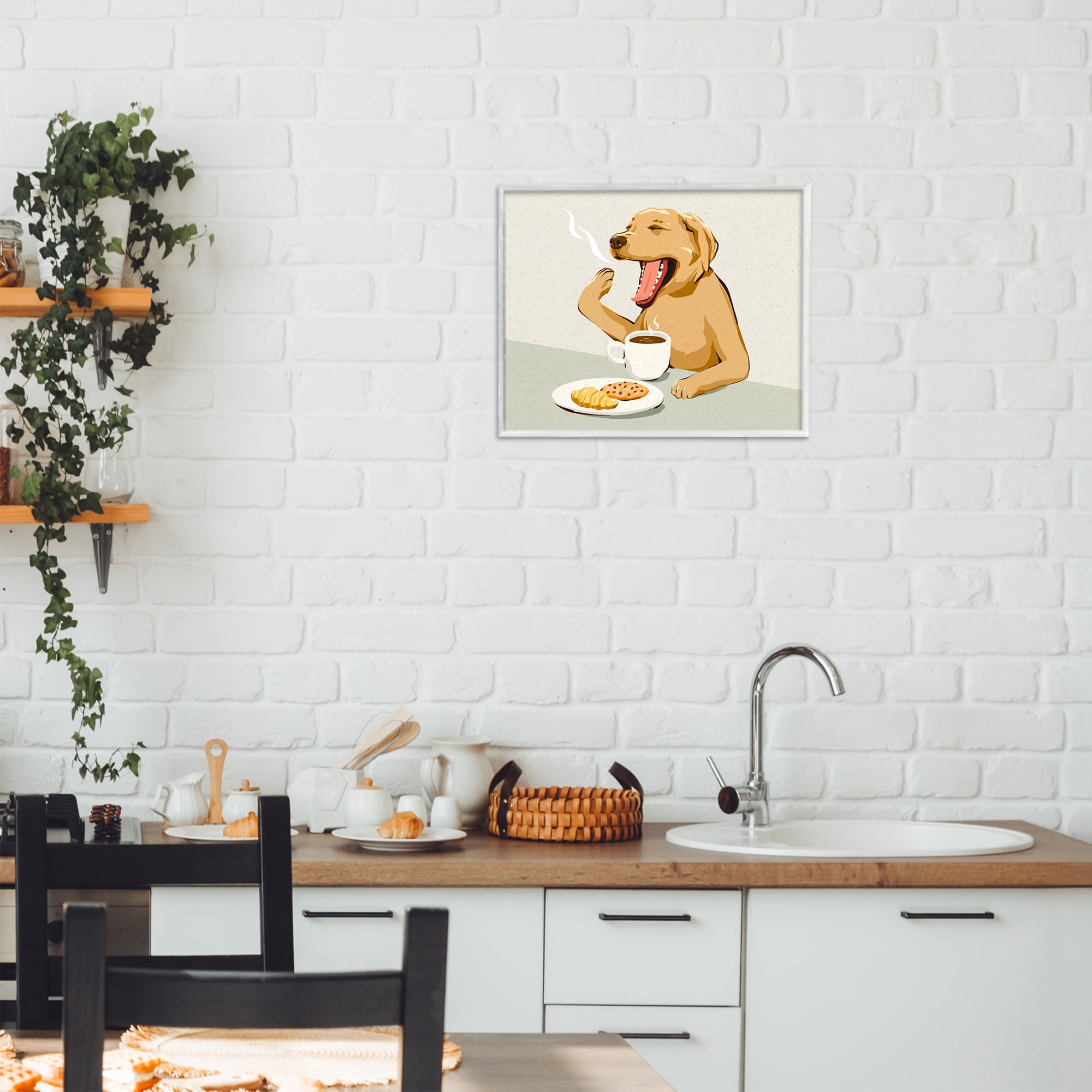 Stupell Industries Yawning Dog with Morning Coffee White Framed Giclee Art, design by Ziwei Li