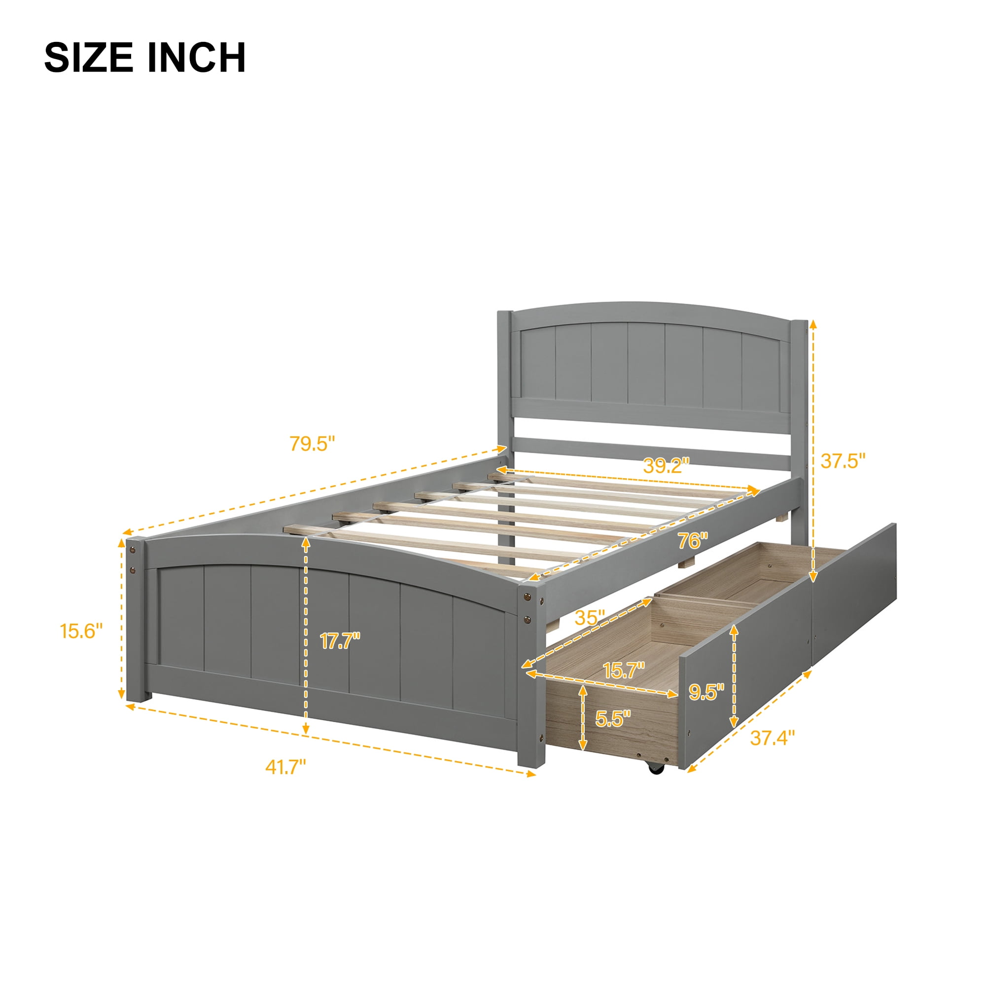 Gewnee Kids Wood Platform Bed,Twin Size Platform Bed with Headboard and Storage Drawers,Gray