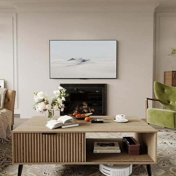 41.34''D 2-Tiers Coffee Table, Farmhouse Coffee Tables With Storage and Sliding Pattern Door, Modren Wooden Tea Table, Living Room Center Tables,Brown