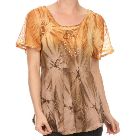Sakkas Taylay Ombre Tie Dye Batik Long Embroidered Corset Neck Blouse Shirt Top - Brown - One Size