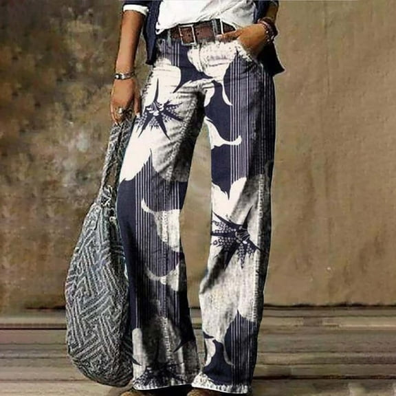 nochalofo Blue Cargo Pants Women, Women's Flare Wide Leg High Waisted Casual Vintage Floral Print Pants Casual Colorful Trouser
