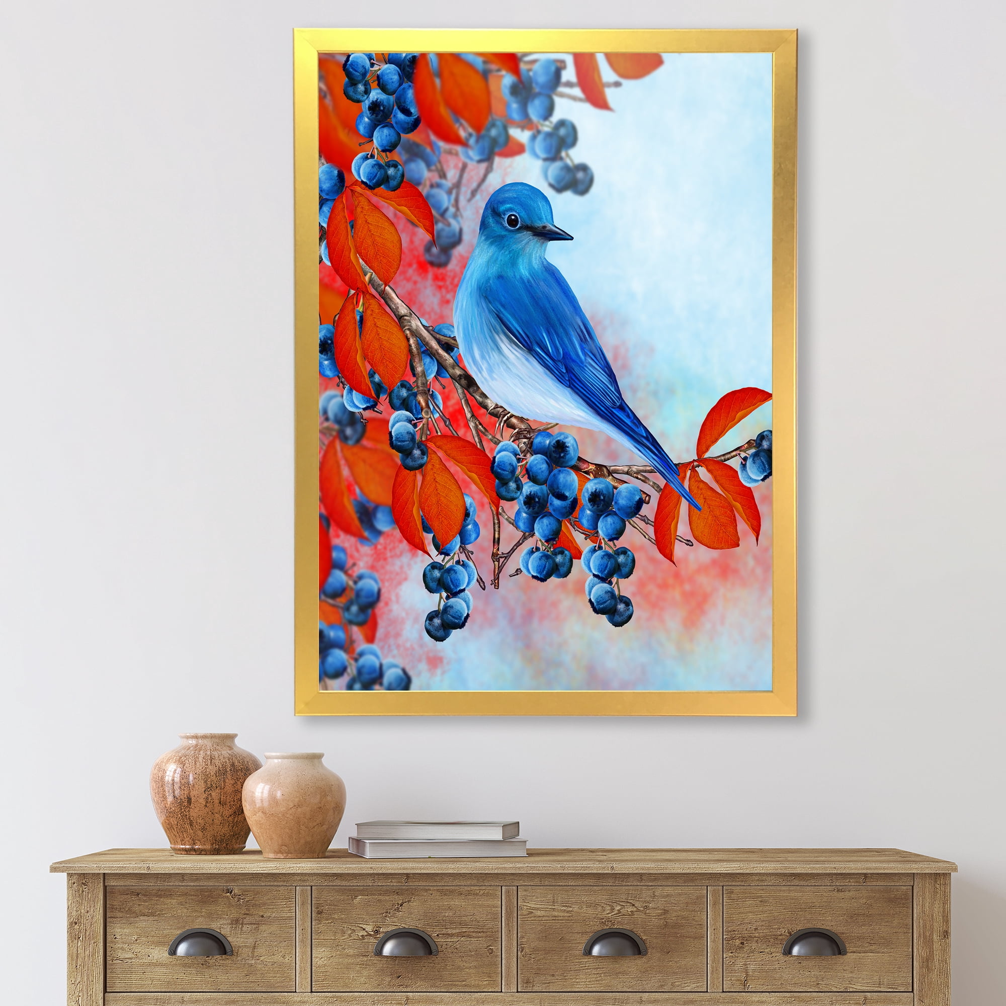 Designart 'Bright Bird Bullfinch Sitting On A Branch of Berries III' Traditional Framed Art Print