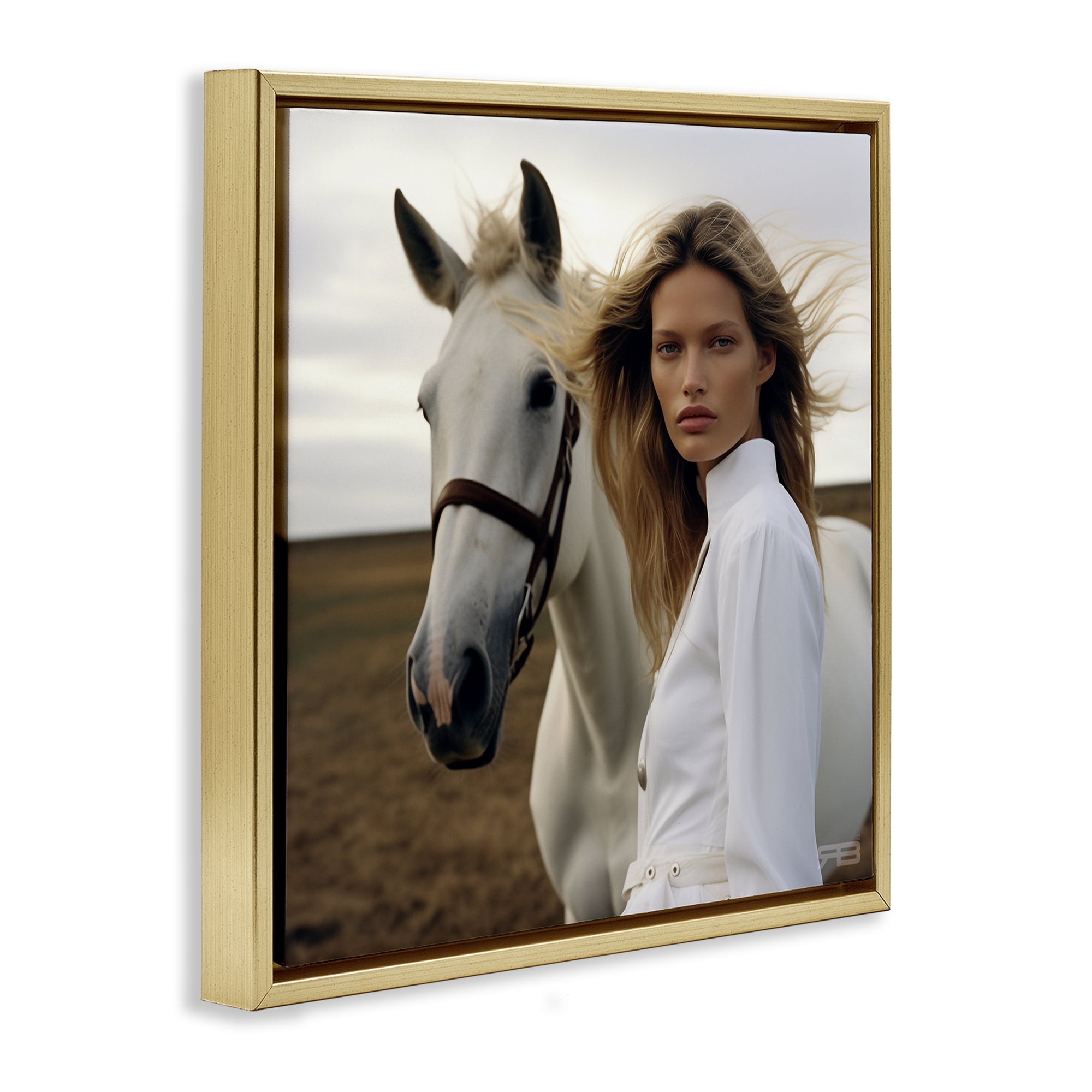 Stupell Industries Girl in White with Horse People Painting Gold Floater Framed Canvas Art Print Wall Art, 25 x 25