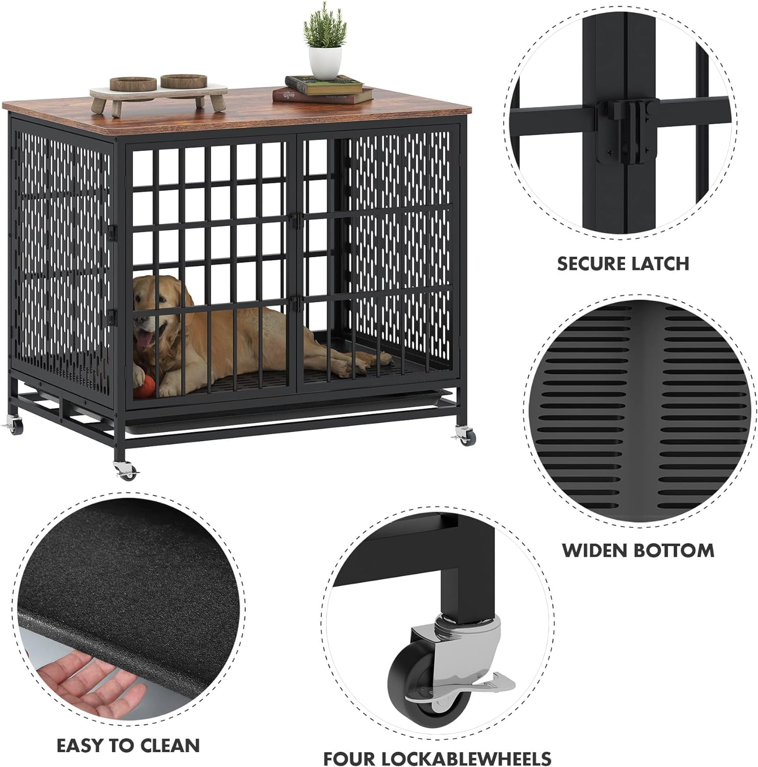 Frmobepts Dog Crate Furniture, 42'' Large Wooden Indoor Dog Cage Table with Sliding & Lockable Doors for Medium Dogs, Retro