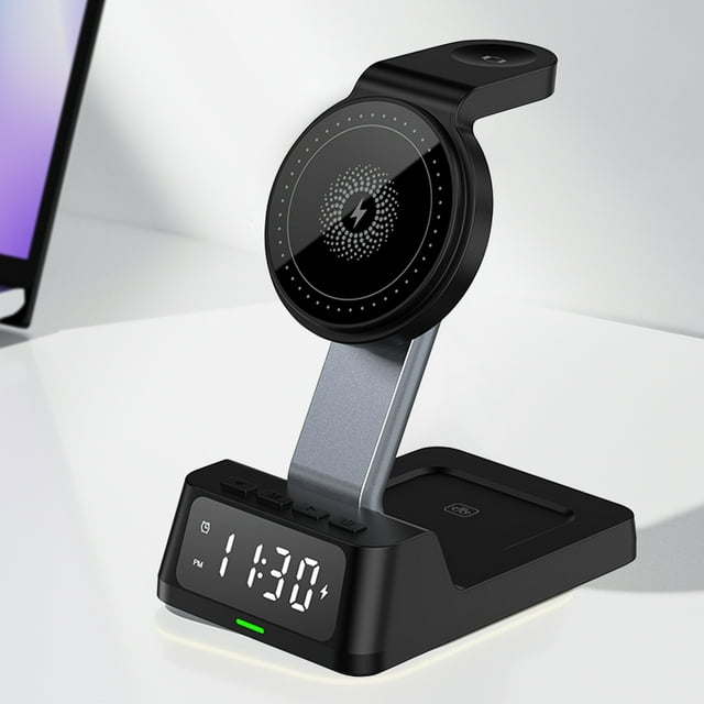 SPOORYYO Wireless Charging Station with Digital Alarm Clock, 15W Fast Charger for Multiple Devices, iOS & Android Compatible