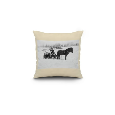 - Children on Pony Drawn Sled Photograph (16x16 Spun Polyester Pillow, White Border)