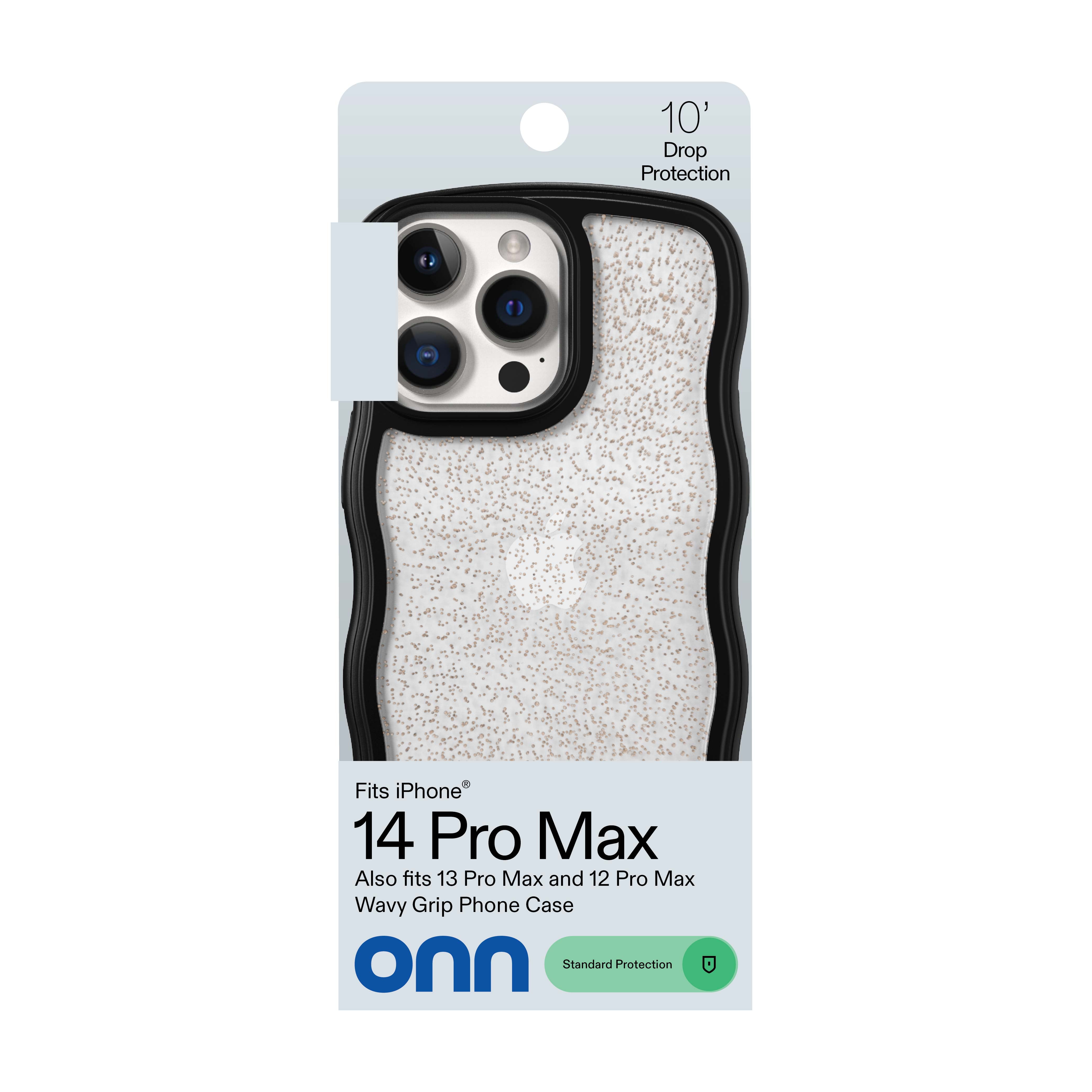 onn Wavy Grip Phone Case for iPhone 14 Pro Max / iPhone 13 Pro Max / iPhone 12 Pro Max - Black/Gold Glitter