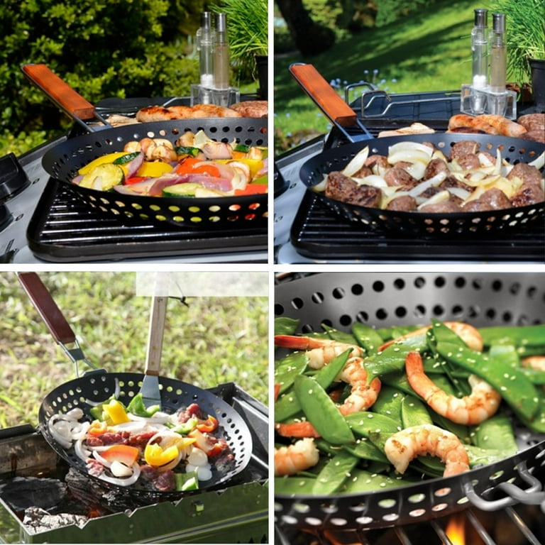 Non-stick Metal Grilling Skillet with Folding Wooden Handle Grill Skillet  Pan with Holes Removable Handle for Outdoor Grill Topper Barbecue Pan for