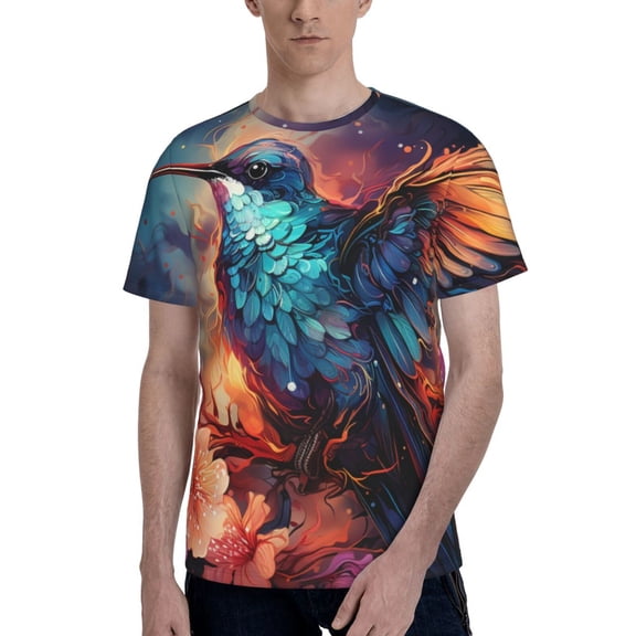 Men's 3D Graphic T-Shirts Short Sleeve Crewneck Tee, Hummingbird Galaxy Starry