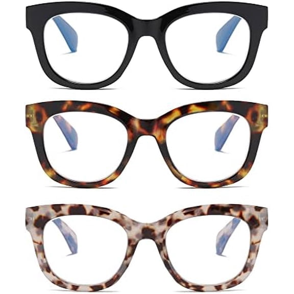3 Pack Oversized Blue Light Blocking Reading Glasses for Women, Retro Style Readers with Spring Hinge  3.00
