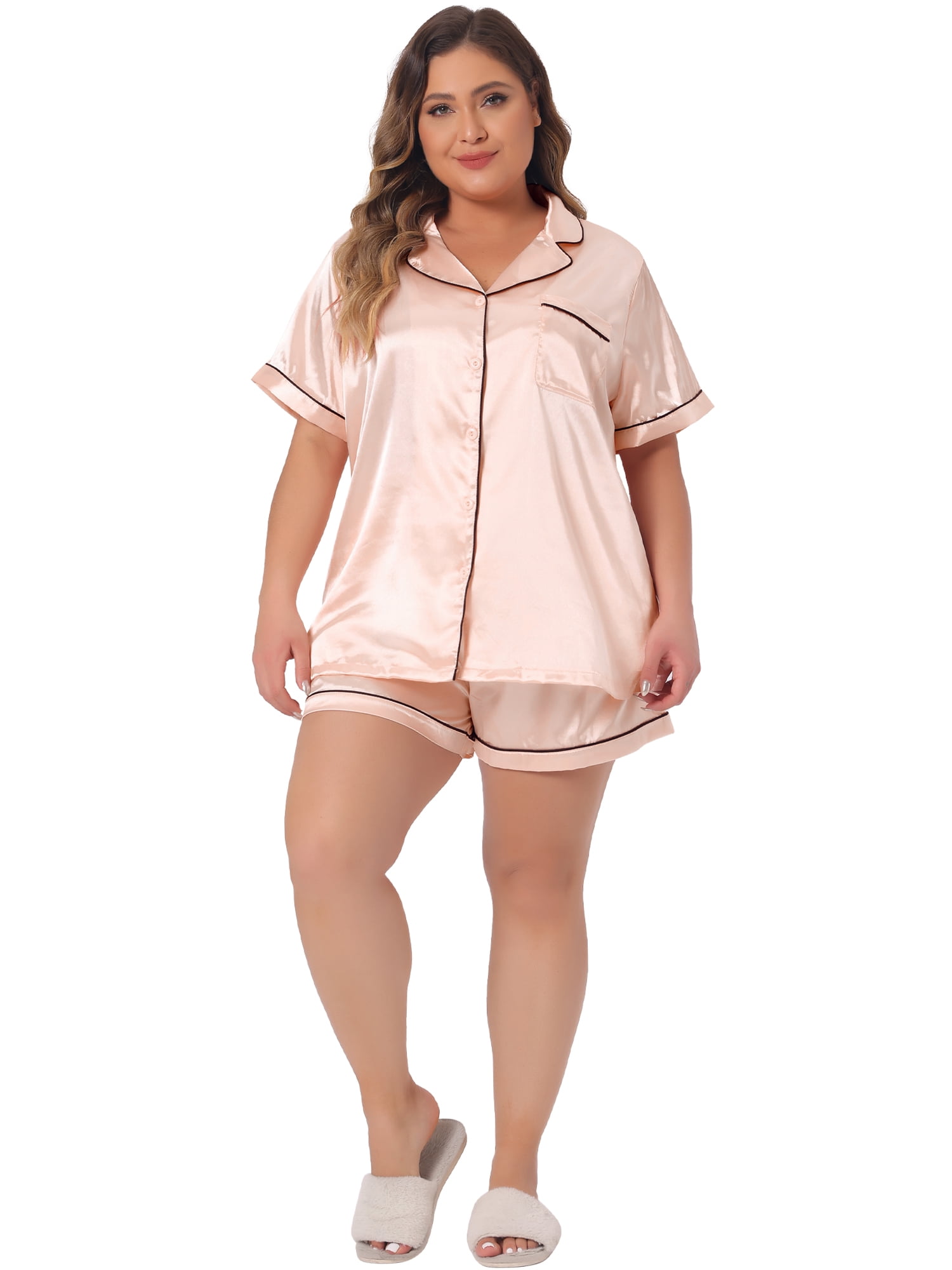 DARING DIVA Women's Plus Size 2-Piece Satin Button Down Pajamas Set 2X Champagne