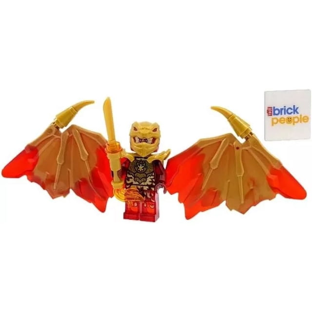 LEGO Ninjago Crystalized: Kai Golden Dragon Minifig with Fire Sword. The minifigure features a golden dragon helmet, intricate red and gold armor detailing, and large translucent orange and gold dragon wings. It holds a golden fire sword. Suitable for LEGO enthusiasts and collectors.