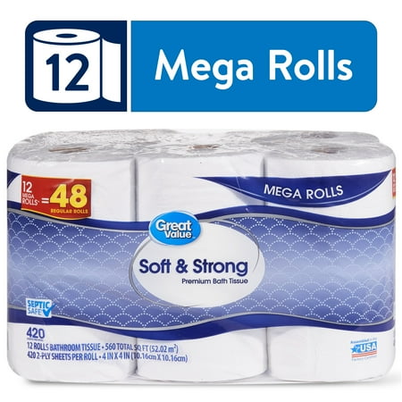 Great Value Soft & Strong Premium Toilet Paper, 12 Mega Rolls