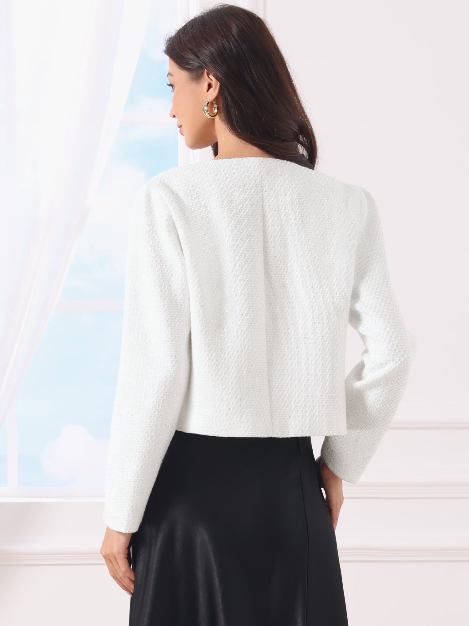 DARING DIVA Women's Tweed Long Sleeve Collarless Open Front Blazer M White