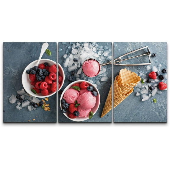 wall26 - 3 Piece Canvas Wall Art - Raspberry Ice Cream in White Bowl Overhead Shot - Modern Home Art Stretched and Framed Ready to Hang - 24"x36"x3 Panels