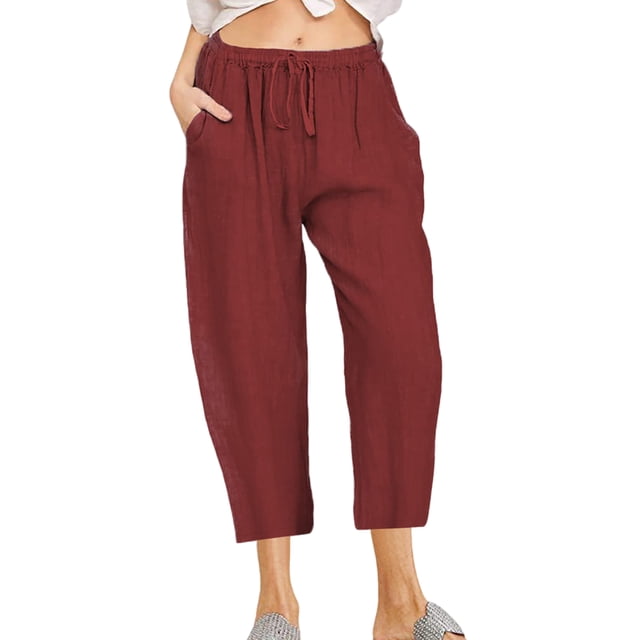 Daeful Ladies Capri Pants Straight Leg Pant Summer Drawstring Lounge Bottoms Brick Red XL