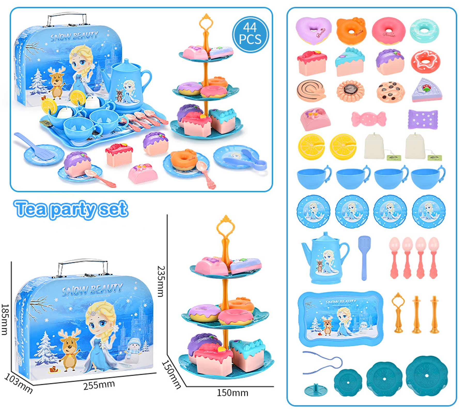 Amplov 44-Piece Princess Tea Set for Girls Ages 3–6, Toddler Pretend Tea Party Playset with Teapots, Plates, Cups, Spoons – Gift for Kids Kitchen Play