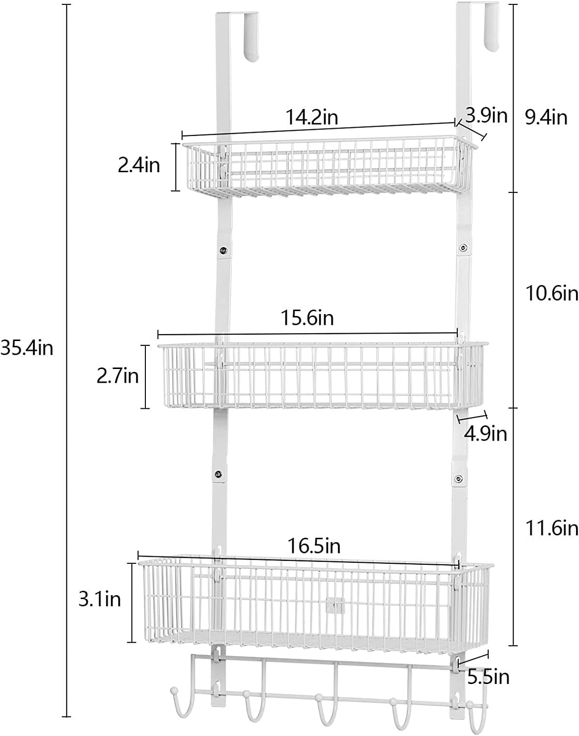 Over The Door Hanging Organizer Rack with 3 Mesh Baskets 5 Hooks, White