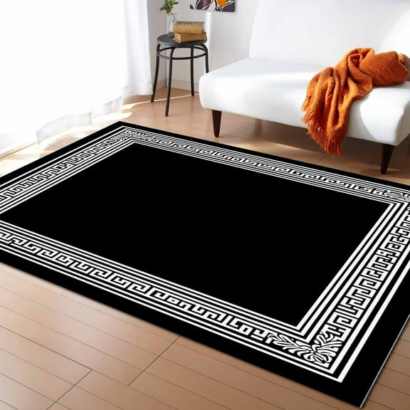 Area Rugs Indoor Non-Slip Rectangle Rug 5x7 Ft Greek Key Design Black and White Geometric Country Rustic Rug Rubber Backing Floor Mats Non Shedding Home Decor Carpet for Entryway Living Room