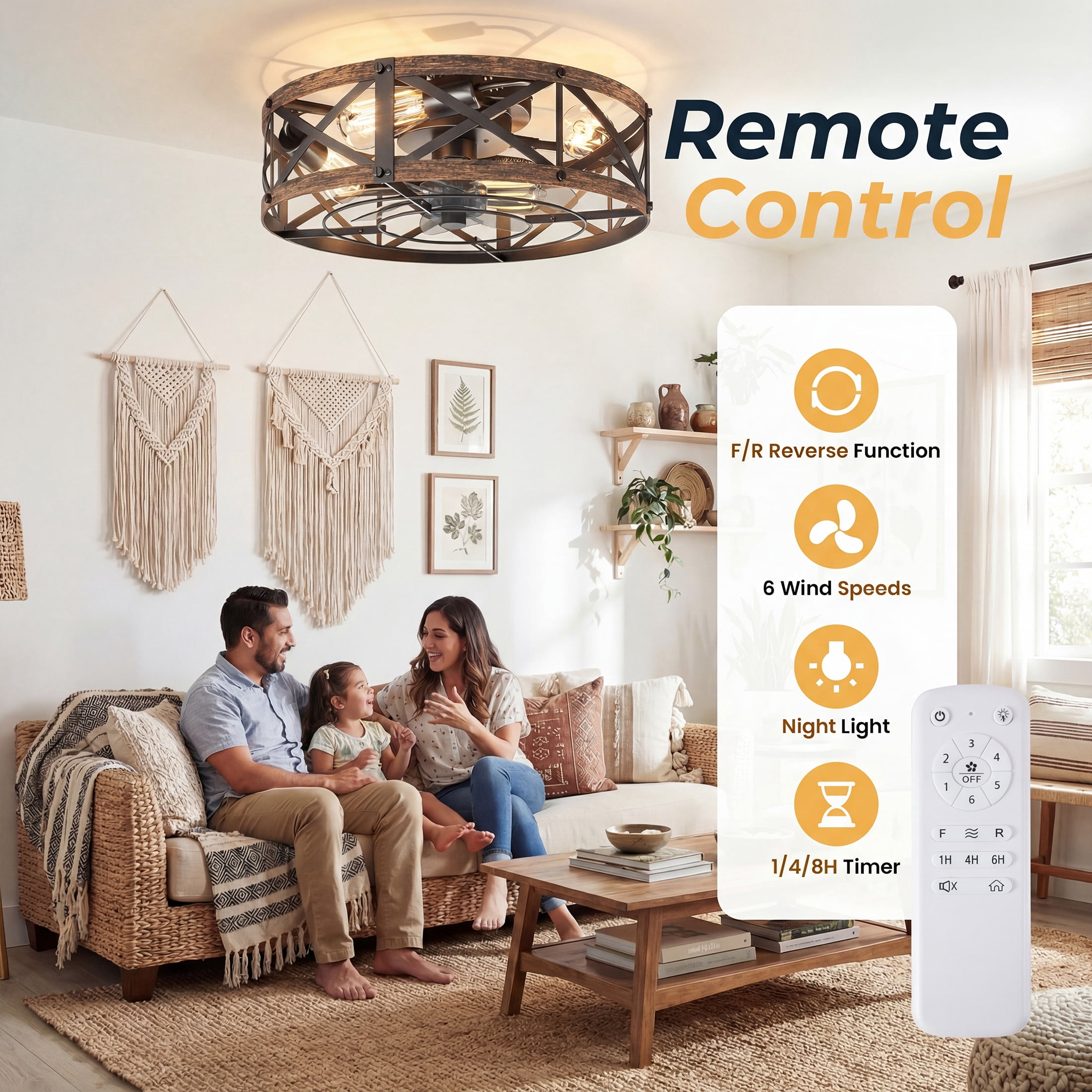 edx 19" Farmhouse Flush Mount Ceiling Fan with Light & Remote, Reversible Blades, Bladeless Safety Cage, 6 Speeds, 8H Timer, Rustic Low Profile Ceiling Fan for Bedroom Kitchen Living Room, Gold