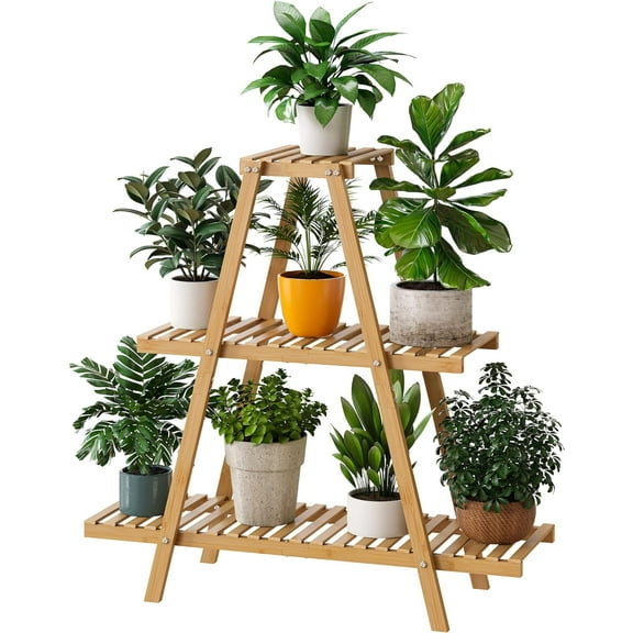 Bamboo Plant Stand - Indoor/Outdoor 3 Tier Plant Ladder, 8 Potted Flower Holder, Natural