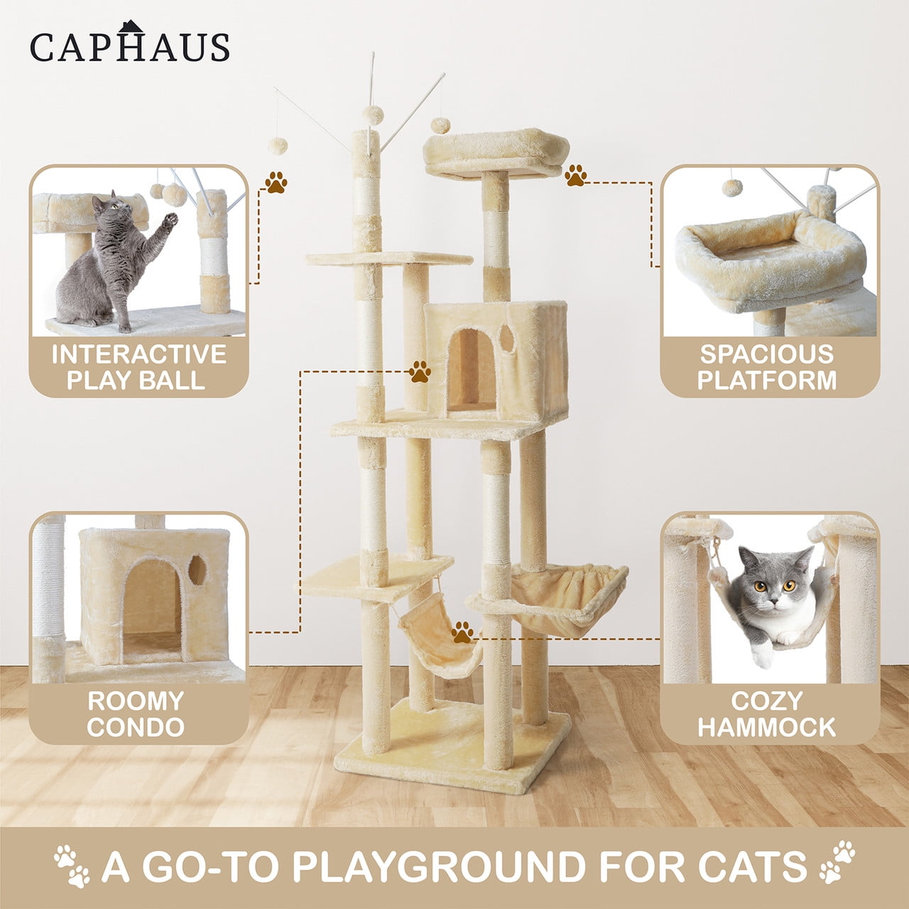 CAPHAUS Tall Cat Tree for Indoor Cats, Modern Cute 70-Inch Cat Climbing Play Tower with Top Perch for Large Cats Kittens, Multi-Level Cat Activity Tree w Scratching Posts, Hammock, Cat Cave Condo