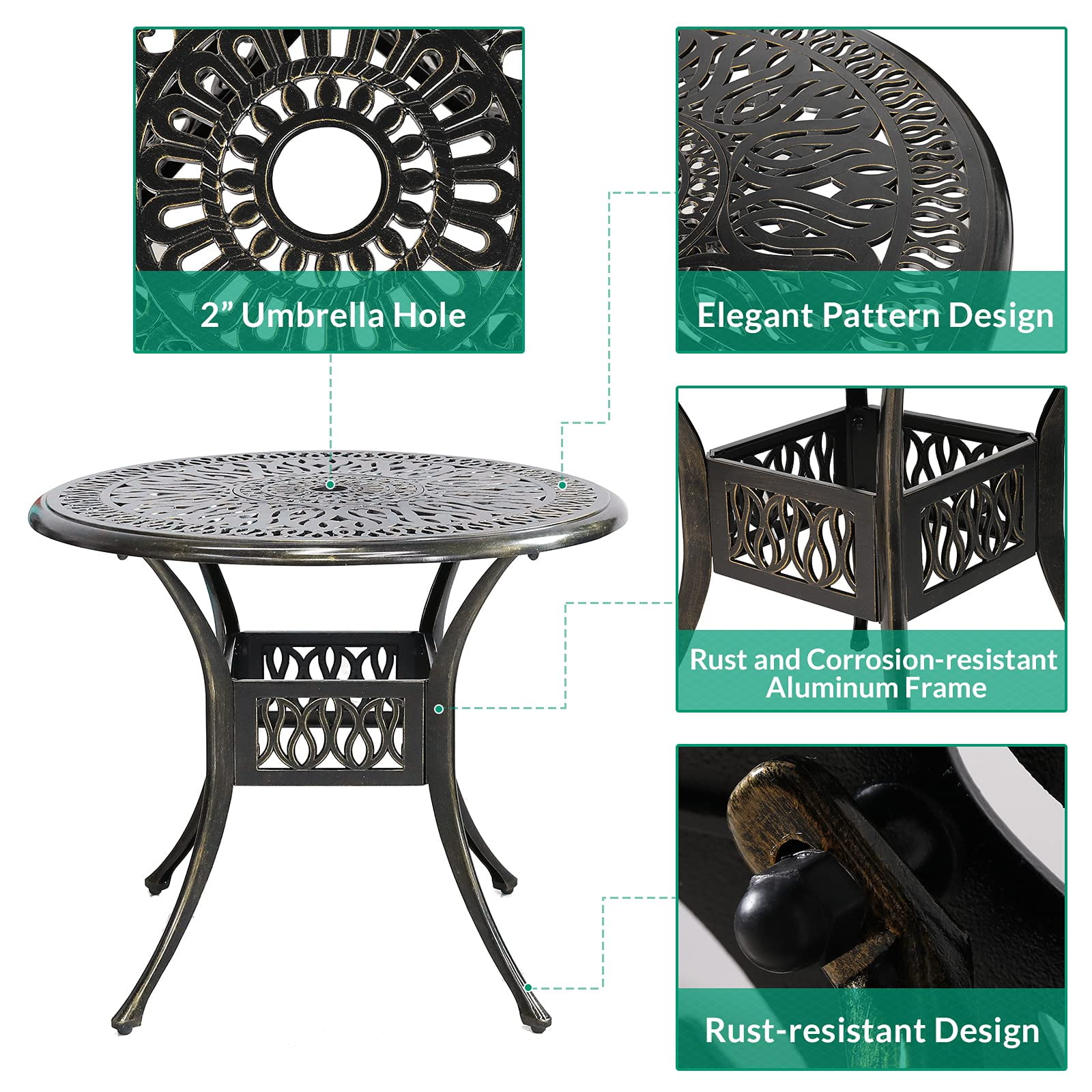 VIVIJASON 5-Piece Outdoor Patio Dining Set, All-Weather Cast Aluminum Conversation Set, Patio Furniture Set for Balcony Lawn Garden Backyard, Include 4 Chairs, a 35.2 inch Round Table w/Umbrella Hole