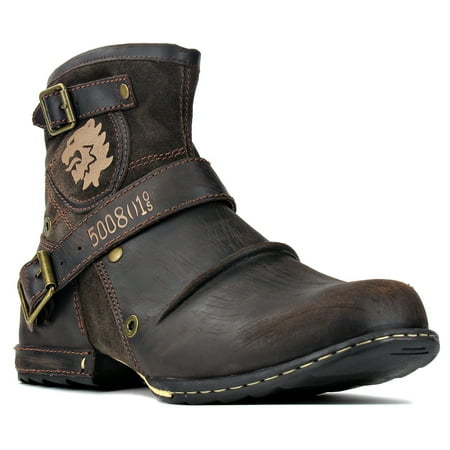 OSSTONE Moto Boots Chukka Boots for Men Fashion Zipper-up Leather Casual Shoes 5008-1-D-7.5 Retro Dark Brown