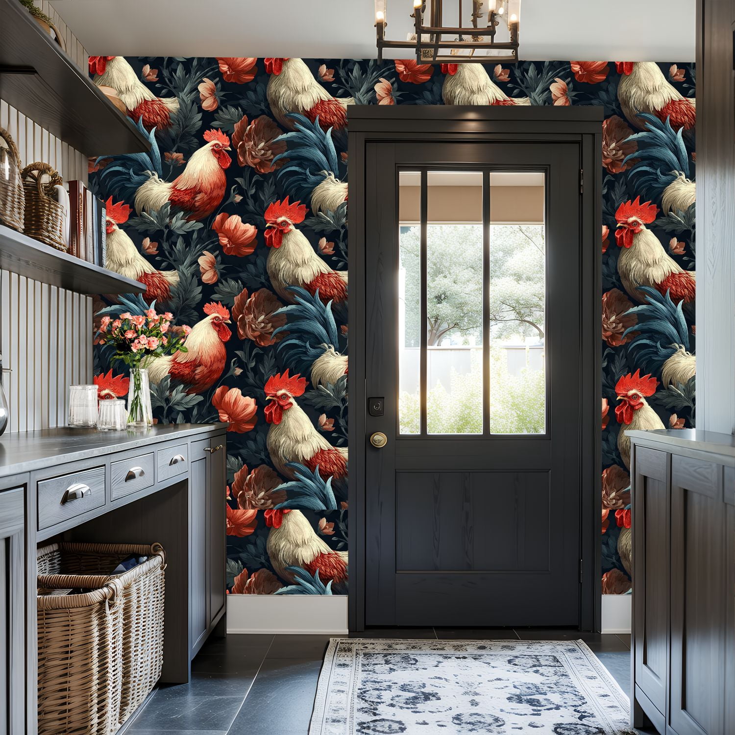 Chicken Peel and Stick Wallpaper Roosters Floral Vintage Botanical Style Wall Mural 17.7in x 9.8ft Self Adhesive Removable Wall Paper Renter Friendly Wallpaper for Nursery Bedroom Cabinets