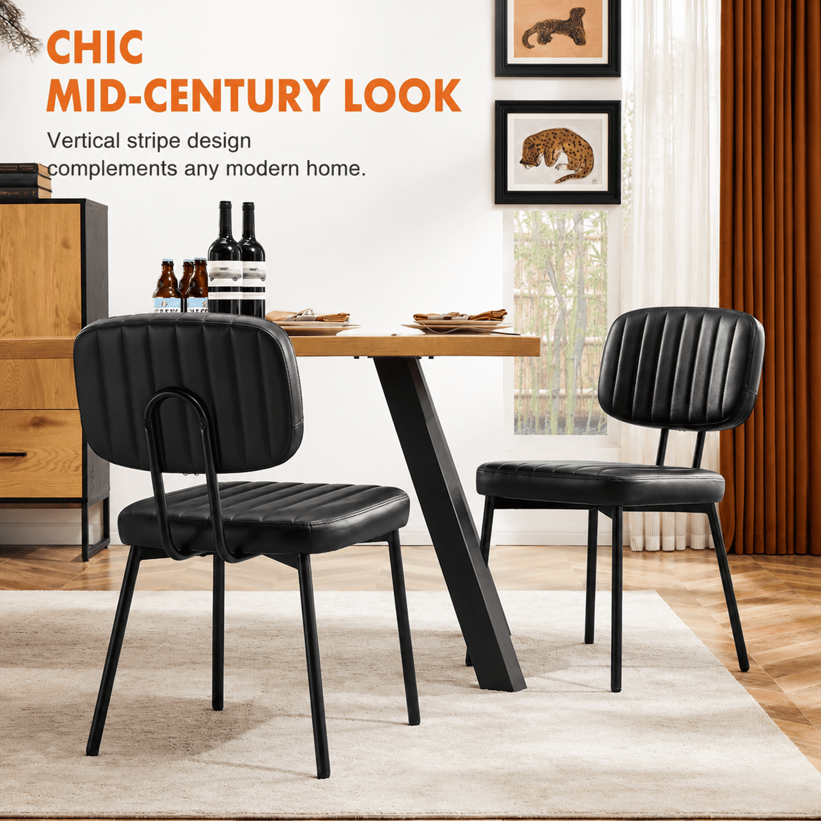 Alvantor Dining Chairs Set of 2, Mid-Century Modern Upholstered Kitchen Dining Room Accent Chairs with Faux Leather Cushion Seat for Kitchen Dining Room, Vertical Stripes