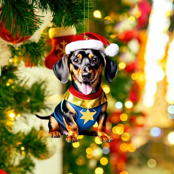 Loyerfyivos 1pc Christmas Hat Dog Dachshund Dog Christmas Tree Decoration Pendant Acrylic Flat Gift Decoration Pendant