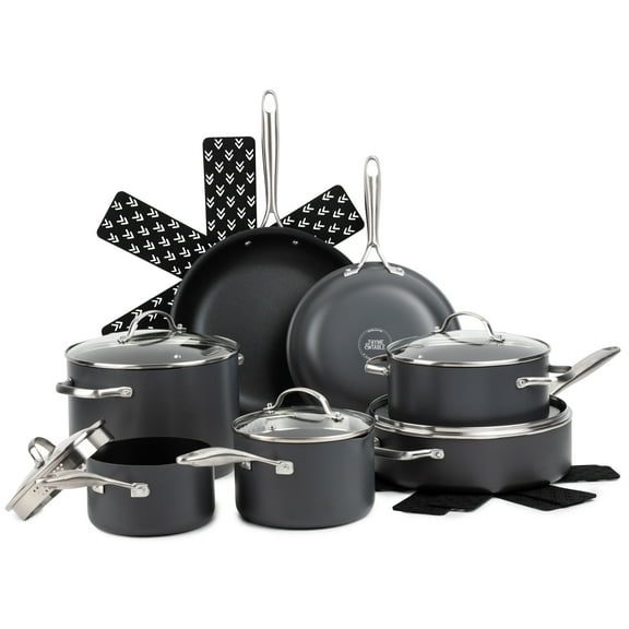 Thyme & Table 15-Piece Non-Stick Hard Anodized Cookware Set, Pots and Pans Set - Black