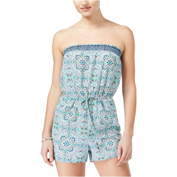 BEBOP Womens New 1025 Blue Geometric Ruched Strapless Sleeveless Romper S B B
