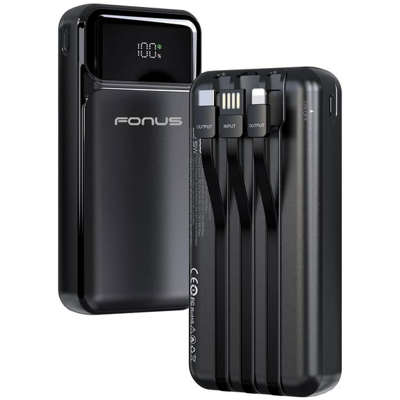 10000mAh Power Bank 22.5W PD Fast Charge for Samsung Galaxy S25/Edge/Plus/Ultra - Backup Battery Portable Charger Built-in Cable LED Display 1-Port USB 2-Port USB-C