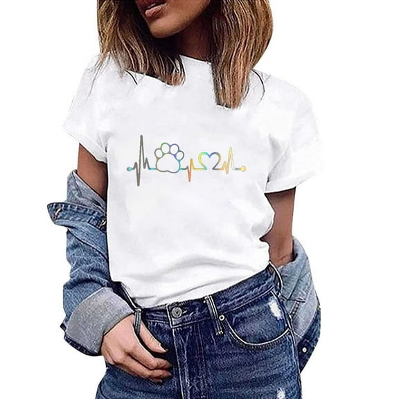 Womens Tops Plus Size Round-Neck Printed Loose Short Sleeve Casual Blouse White S