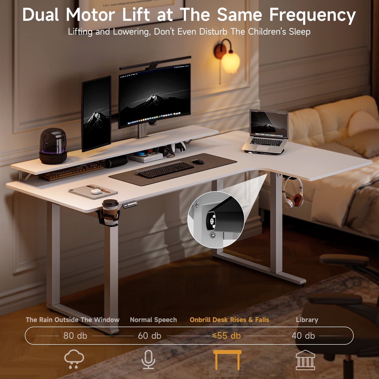 63x43 Inches L Shaped Standing Desk, Electric Stand Up Desk with 2 Adjustable Monitor Shelves, White